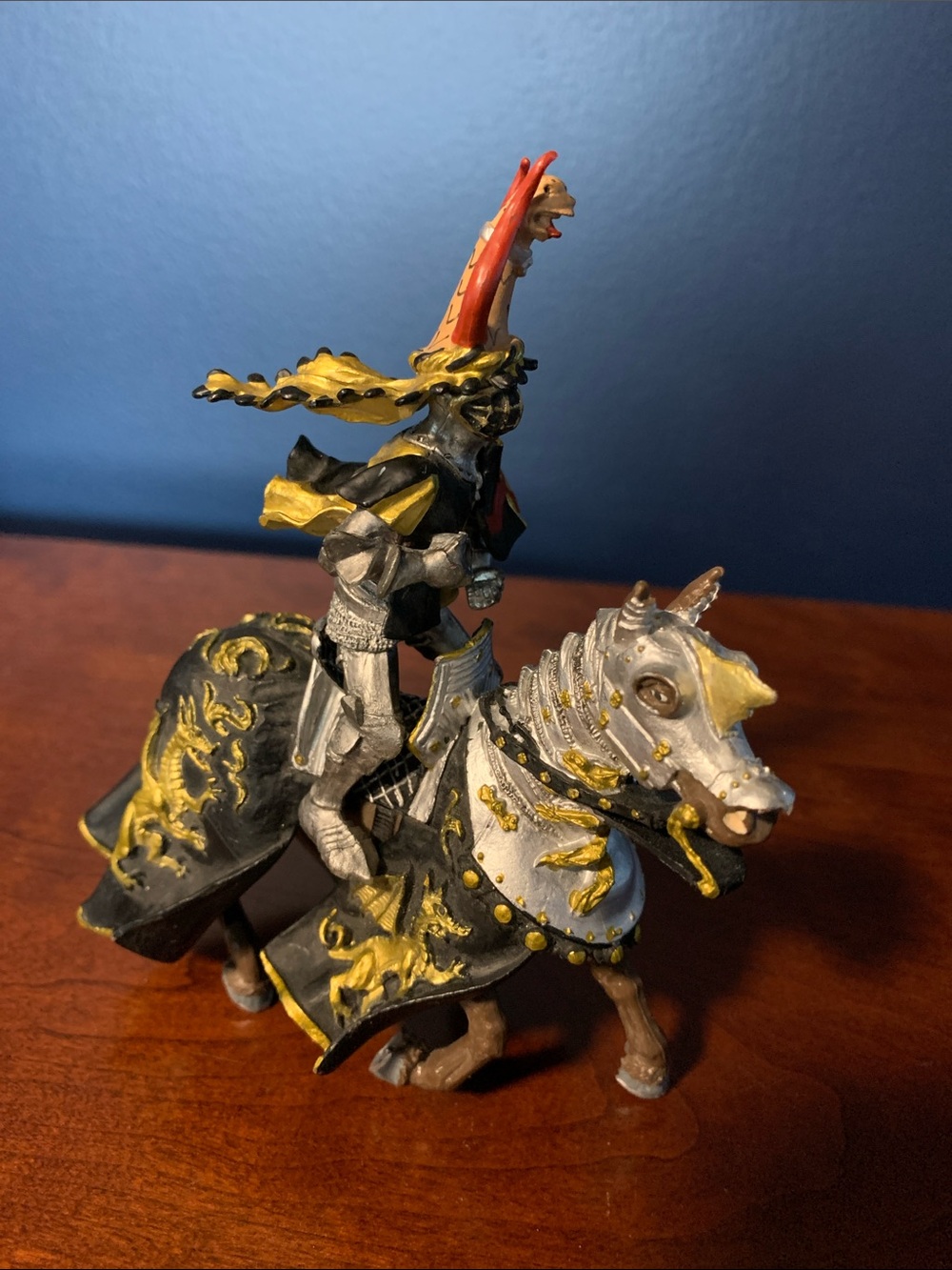 Black & Gold Dragon Armored Knight on Decorated Warhorse - Black, Gold, Silver
